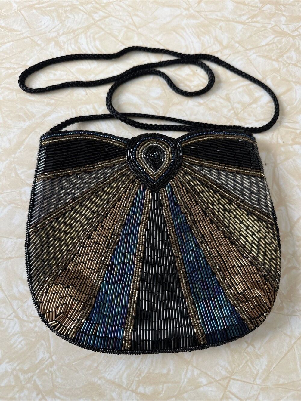Evening Bag /Purse Bugle Beads Ray Pattern Gold Silver Copper Black Blue